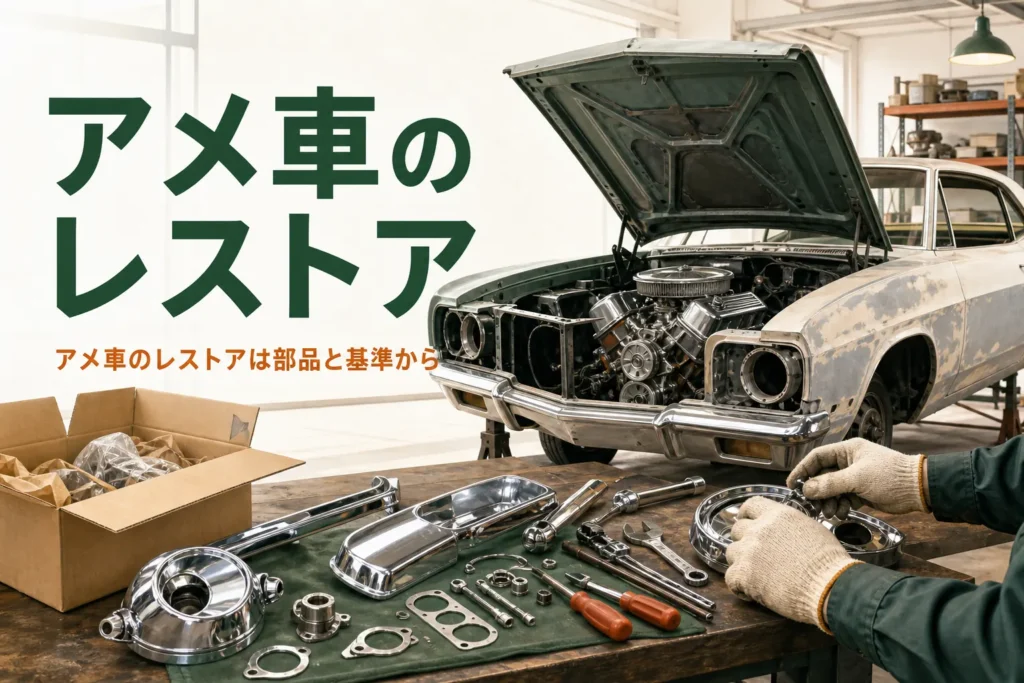 アメ車のレストアを紹介する記事のアイキャッチ。ガレージでボンネットを開けた大きな古いクーペと部品の箱