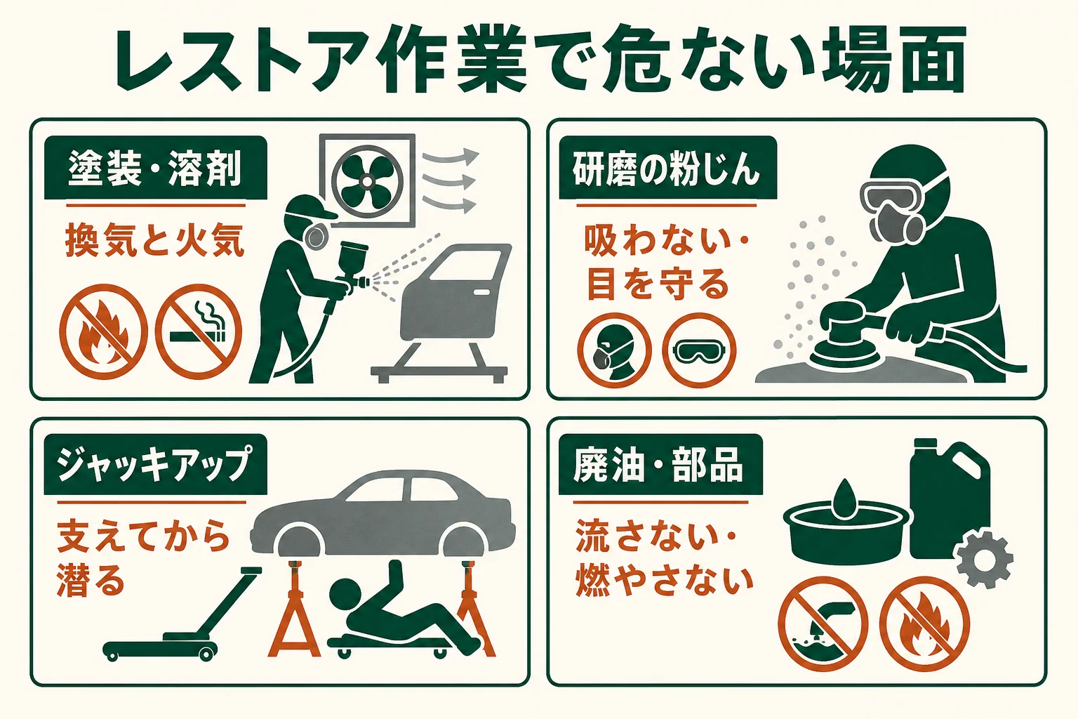 レストア作業で危ない場面を、塗装・溶剤、研磨の粉じん、ジャッキアップ、廃油・部品の捨て方に分けたチェック表の図解