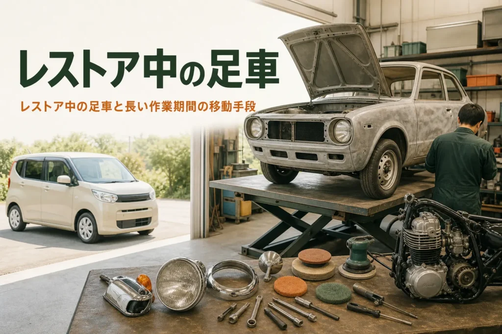 レストア中の足車と移動手段の考え方を紹介する記事のアイキャッチ。整備工場の旧車と外に停まる軽自動車
