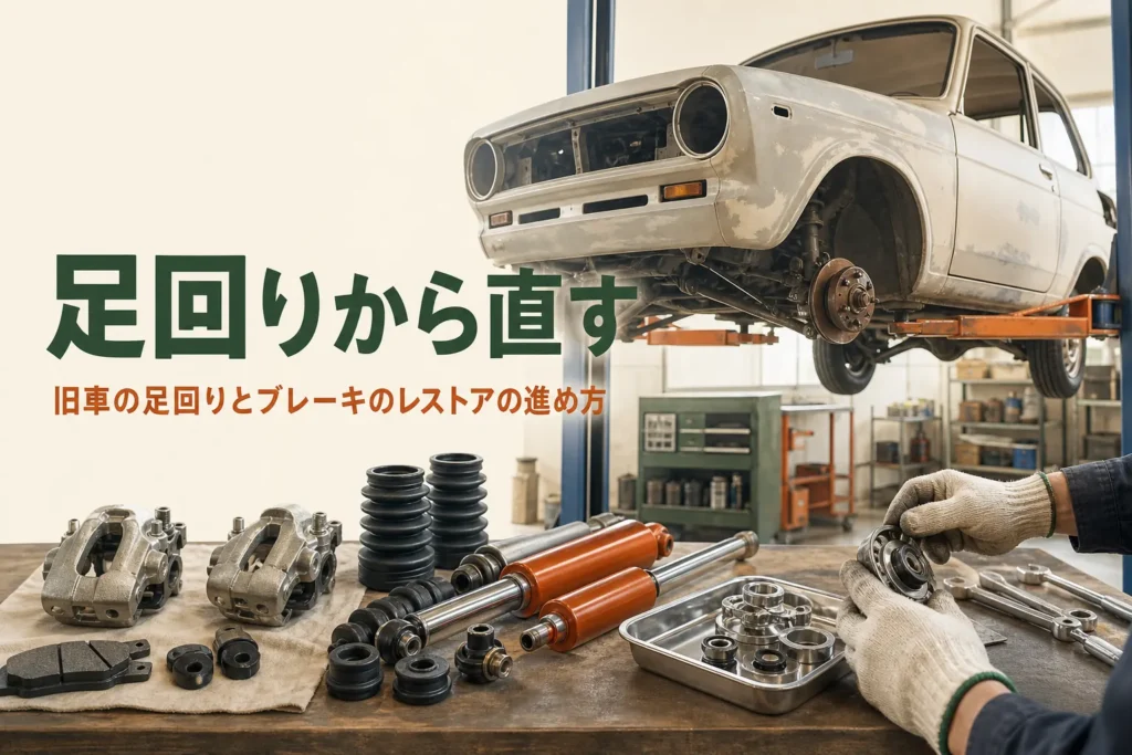 旧車の足回りのレストアを紹介する記事のアイキャッチ。リフトに上げた古い車の下回りと外したブレーキ部品