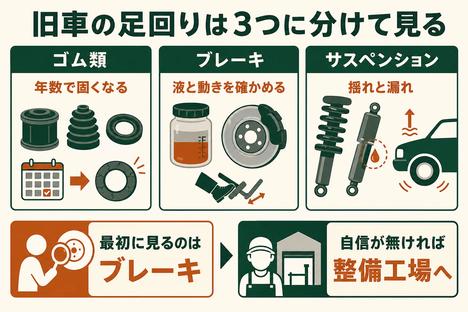 旧車の足回りの部品をゴム類・ブレーキ・サスペンションの3つに分け、交換を考える目安を示した図解