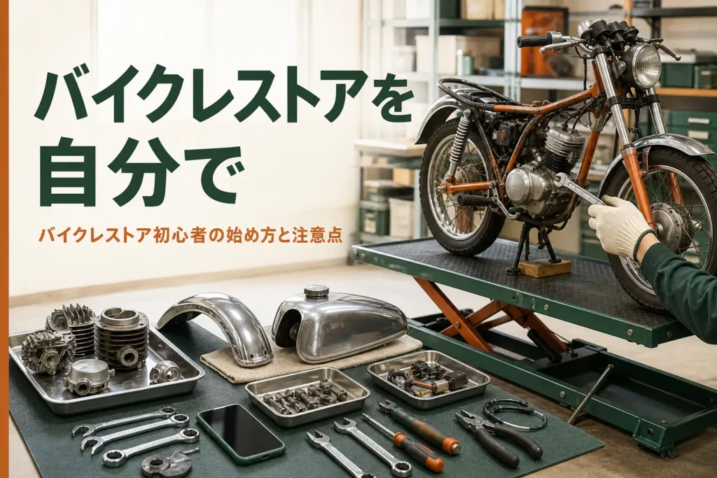バイクレストアを初心者が自分で始める方法を紹介する記事のアイキャッチ。古いバイクと基本の工具
