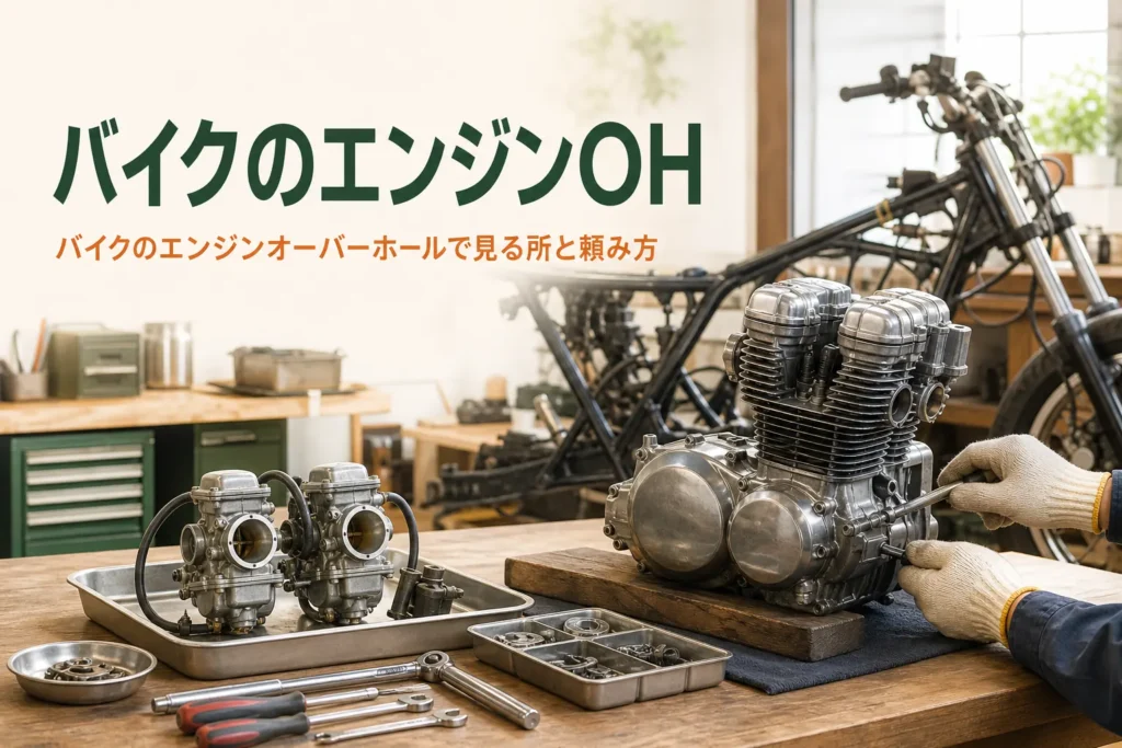 バイクのエンジンオーバーホールで見る所と頼み方を紹介する記事のアイキャッチ。降ろした古いバイクのエンジンと工具
