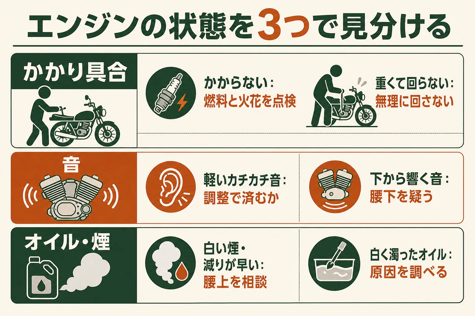 バイクのエンジンの状態を、かかり具合・音・オイルの3つで見分け、次にやることを示した図解