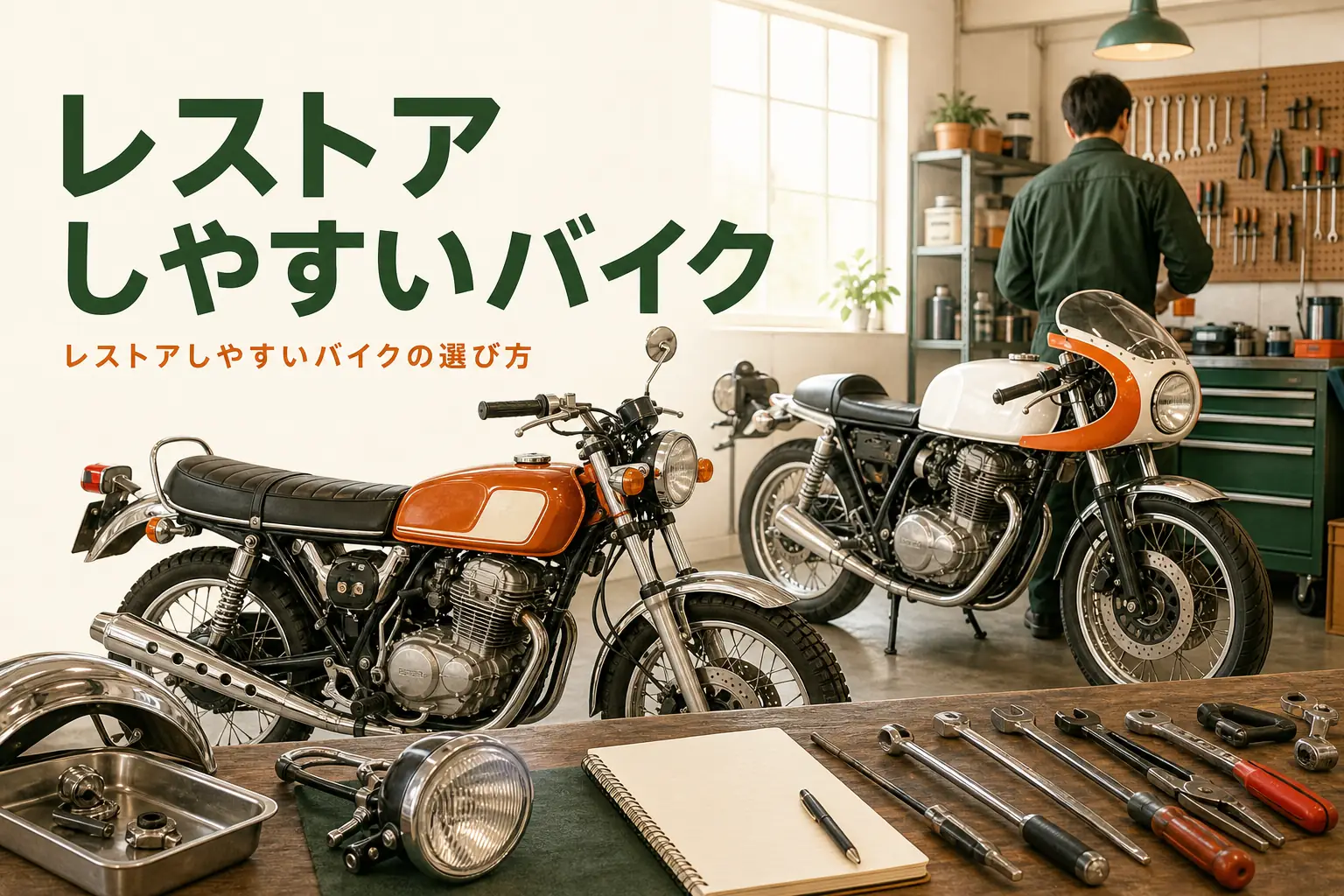 レストアしやすいバイクの選び方を紹介する記事のアイキャッチ。ガレージに並んだ2台の古いバイク