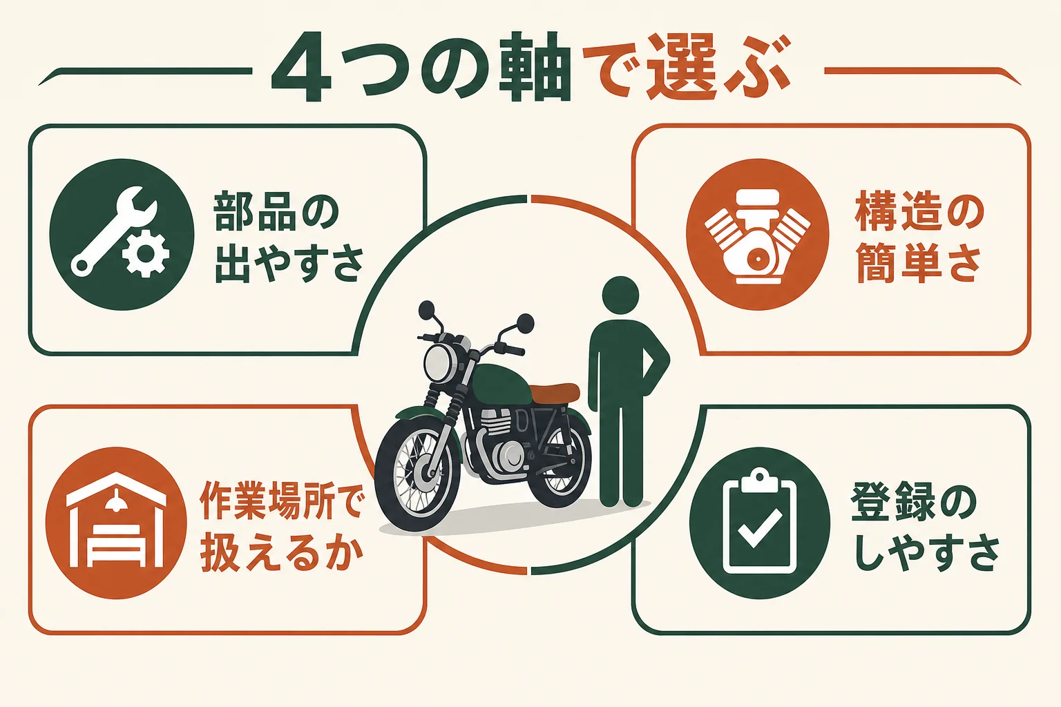 レストアしやすいバイクを、部品の出やすさ・作りの簡単さ・作業場所・登録のしやすさの4つの軸で選ぶことを示した図解