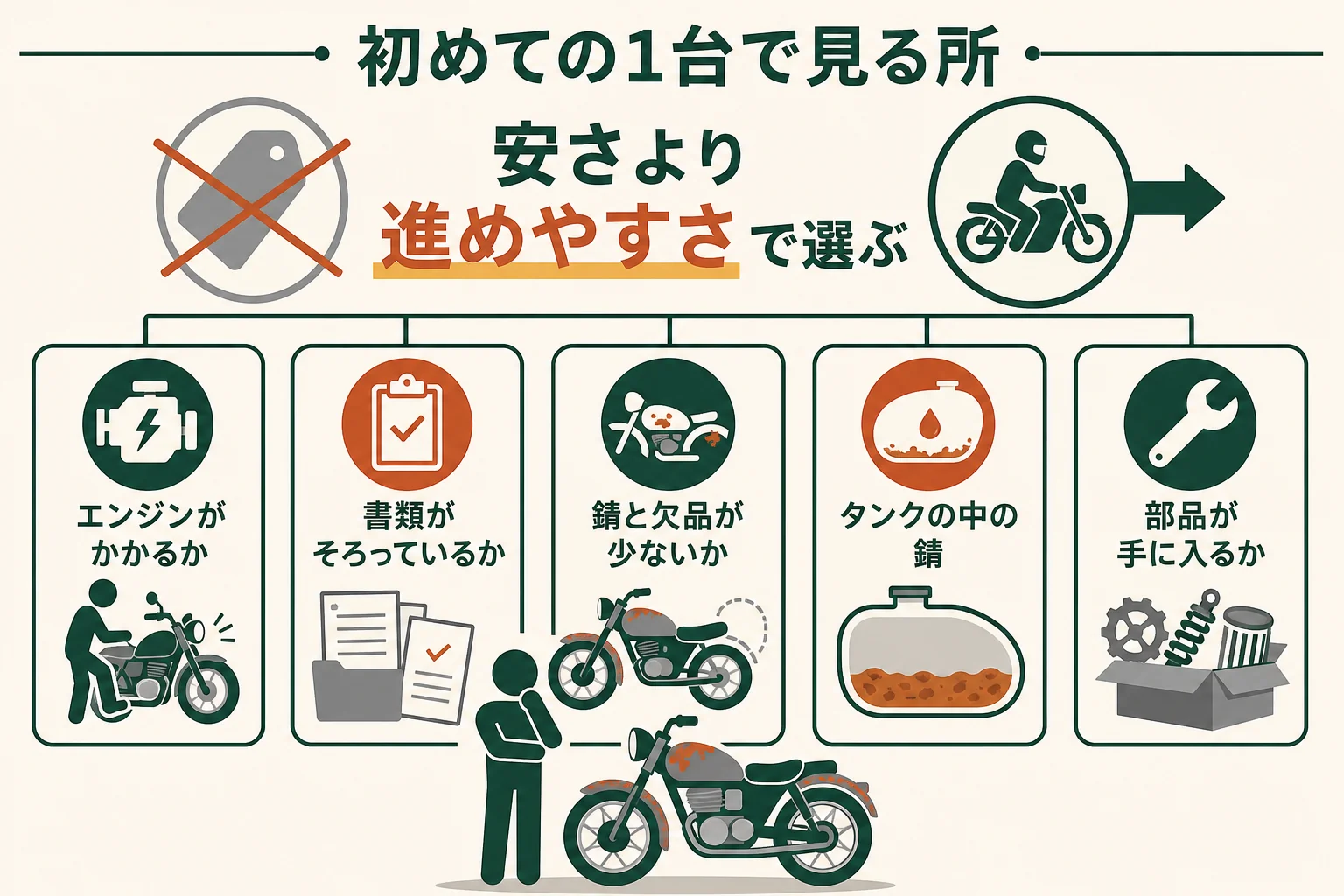 初めてレストアするバイクを選ぶ時に見る、エンジン・書類・錆と欠品・タンクの中・部品の5つの点を示した図解