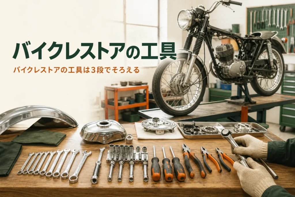 バイクレストアの工具を最初にそろえる物と後から買う物に分けて紹介する記事のアイキャッチ。作業台の工具と古いバイク