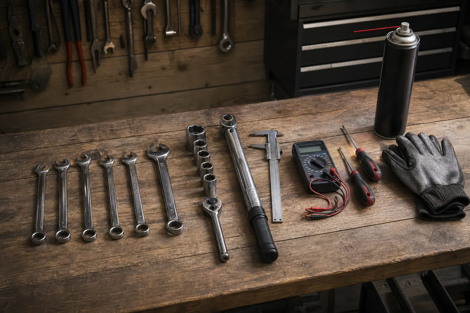 バイクのレストアで使うメガネレンチ・ソケット・トルクレンチ・ノギス・テスターなどの工具を作業台に並べた写真