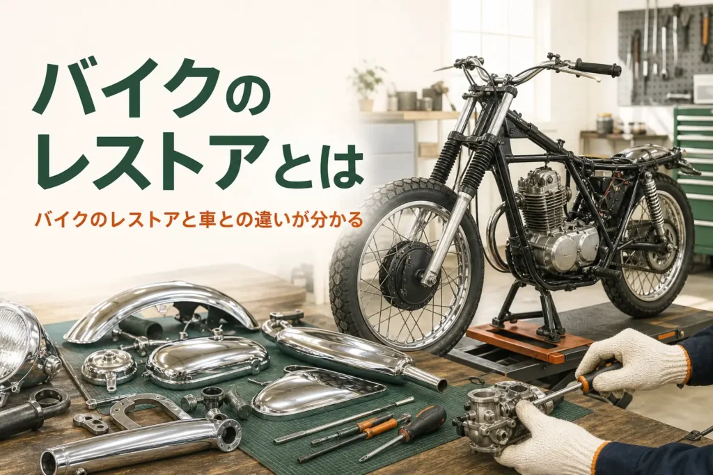 バイクのレストアとは何か、車との違いと始める前に知ることを紹介する記事のアイキャッチ。外装を外した古いバイクと部品