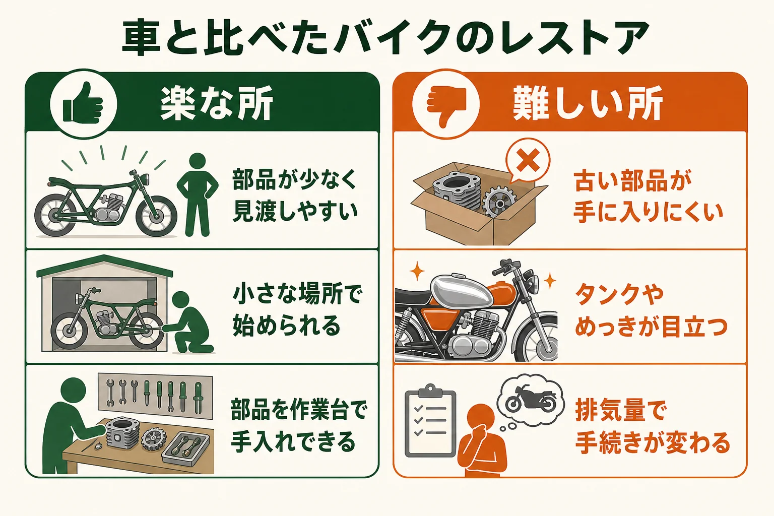 バイクのレストアを車のレストアと比べて、楽な所と難しい所を左右に分けて示した図解