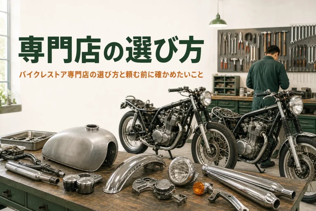バイクレストア専門店の選び方と頼む前に確かめたいことを紹介する記事のアイキャッチ。古いバイクが並ぶ整備工場