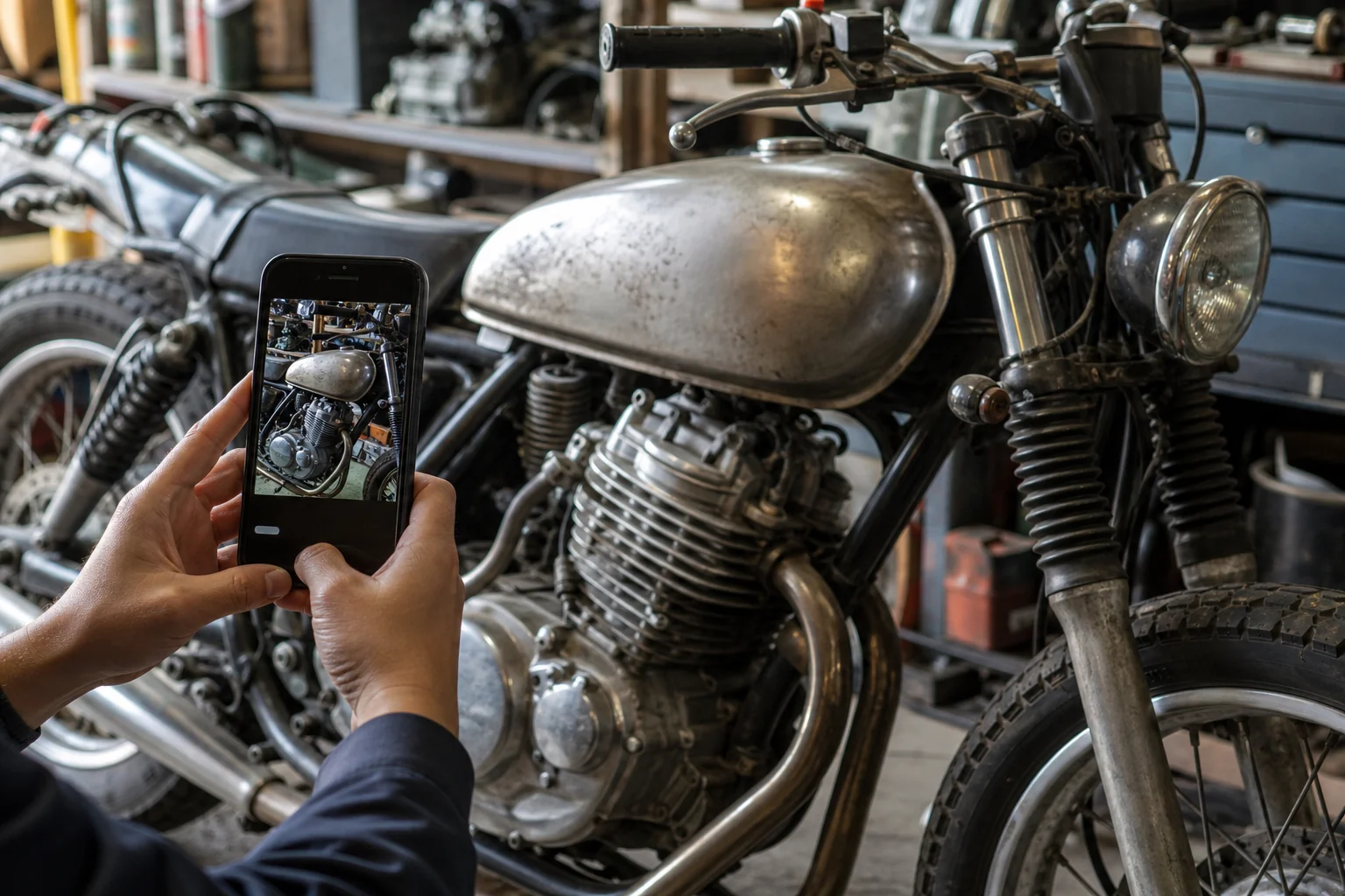 問い合わせの前に、古いバイクの全体と気になる所を写真に撮っている手元の写真。準備の大切さを示す