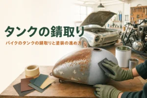 バイクのタンクの錆取りと塗装を紹介する記事のアイキャッチ。作業台に置かれた錆の残るタンクと下地塗装