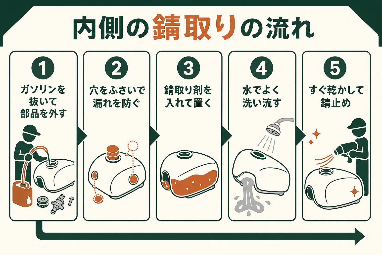 バイクのタンクの内側の錆取りを、ガソリンを抜くところから錆止めまで順番に並べた図解