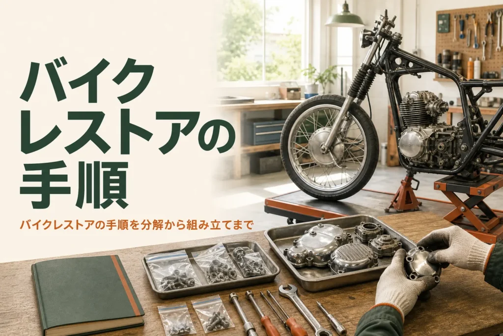 バイクレストアの手順を分解から組み立てまで紹介する記事のアイキャッチ。分解途中の古いバイクと部品