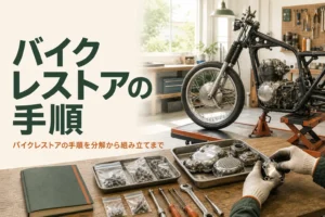 バイクレストアの手順を分解から組み立てまで紹介する記事のアイキャッチ。分解途中の古いバイクと部品