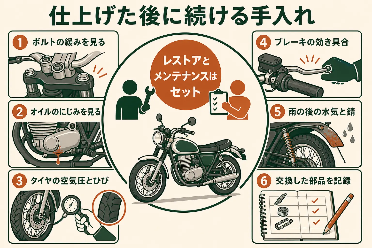 レストアしたバイクを仕上げた後に続けたい、ボルトの緩み・オイルのにじみ・タイヤ・ブレーキ・錆・記録の6つの手入れを示した図解