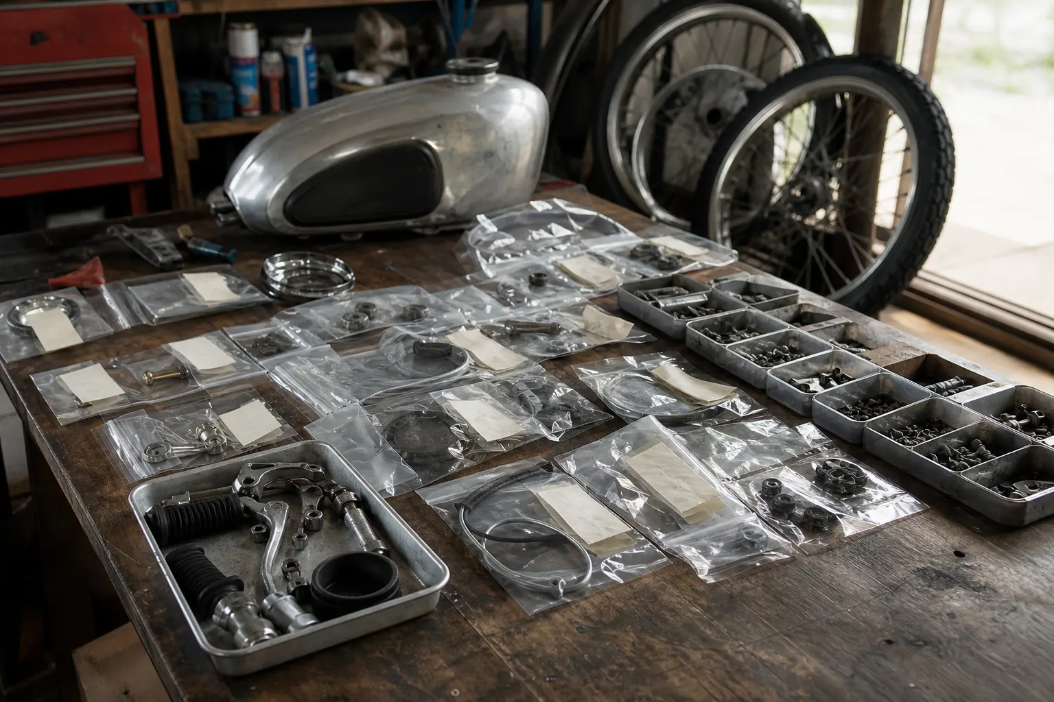 分解したバイクの部品を、区切りごとに袋とトレーに仕分けて並べた作業台の写真