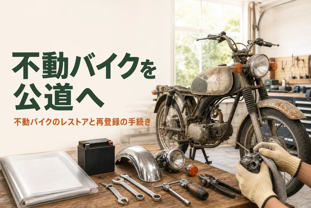 不動バイクのレストアと再登録の手続きを紹介する記事のアイキャッチ。ガレージで眠っていた古いバイクと書類