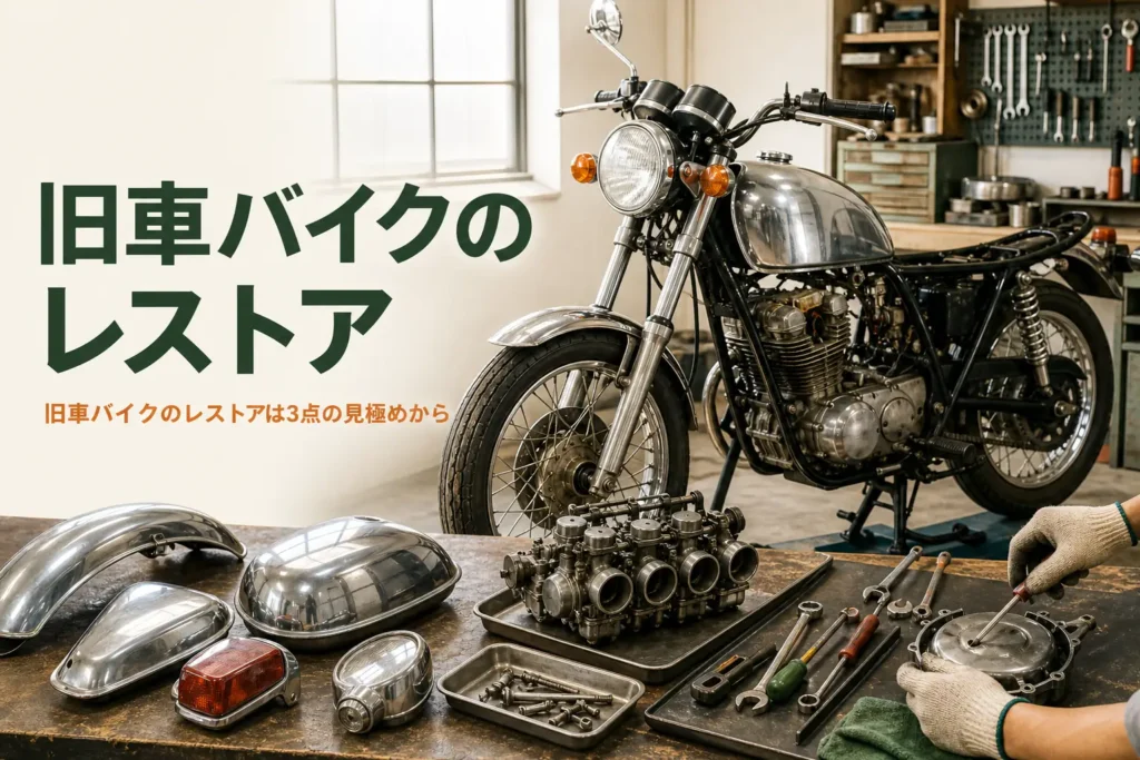 旧車バイクのレストアを紹介する記事のアイキャッチ。ガレージに置かれた古いネイキッドバイクと磨いた部品