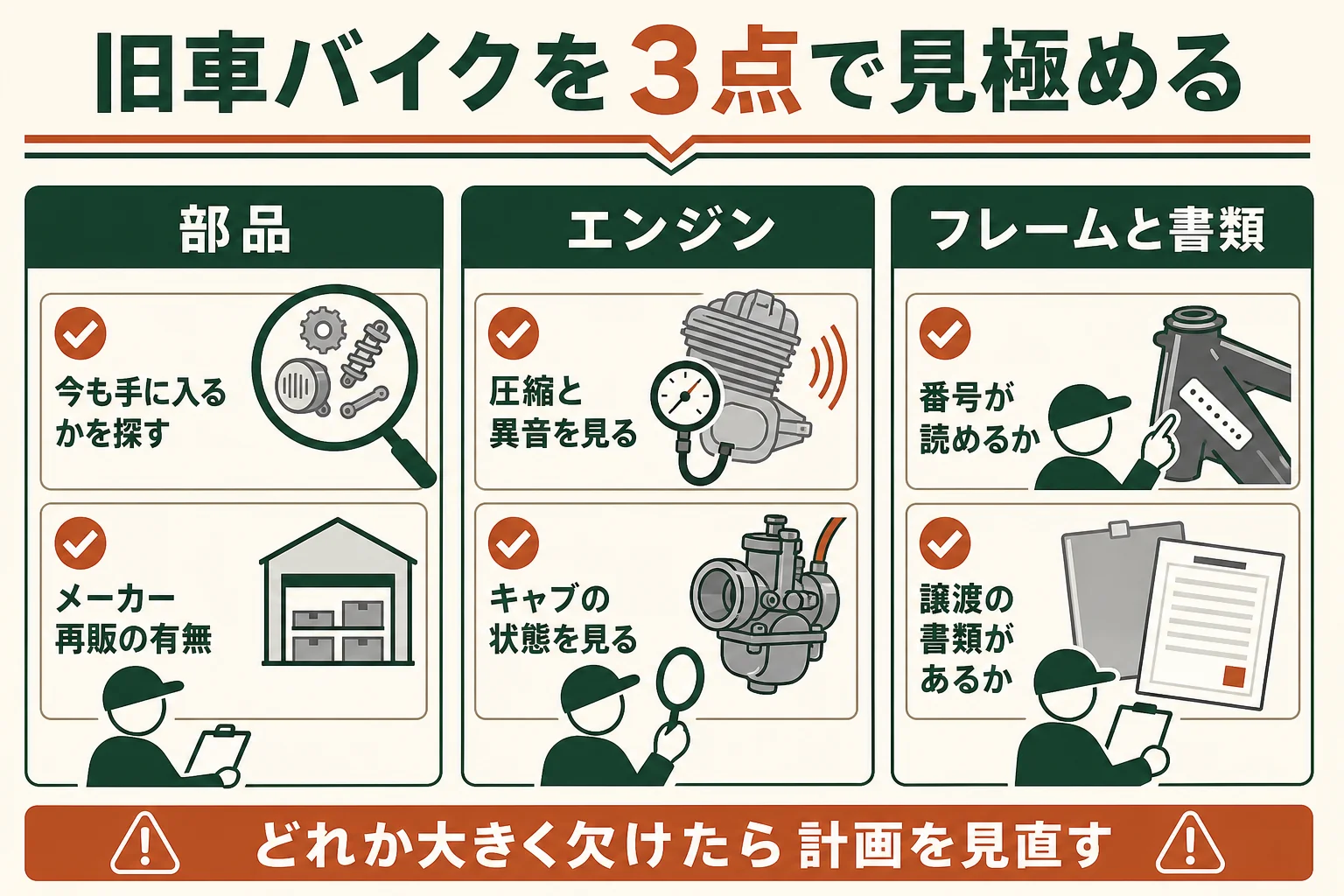 旧車バイクを、部品が手に入るか・エンジンの状態・フレームと書類の3点で見極めるチェック表の図解