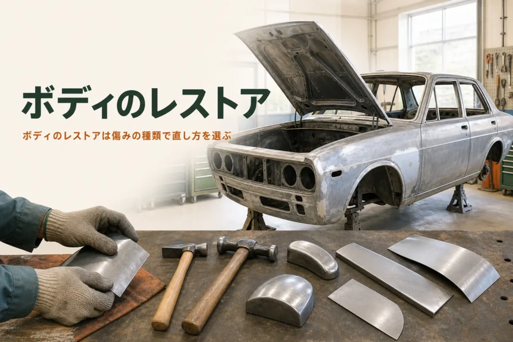 ボディのレストアと板金の基本を紹介する記事のアイキャッチ。塗装をはがした古い車のボディと板金の道具