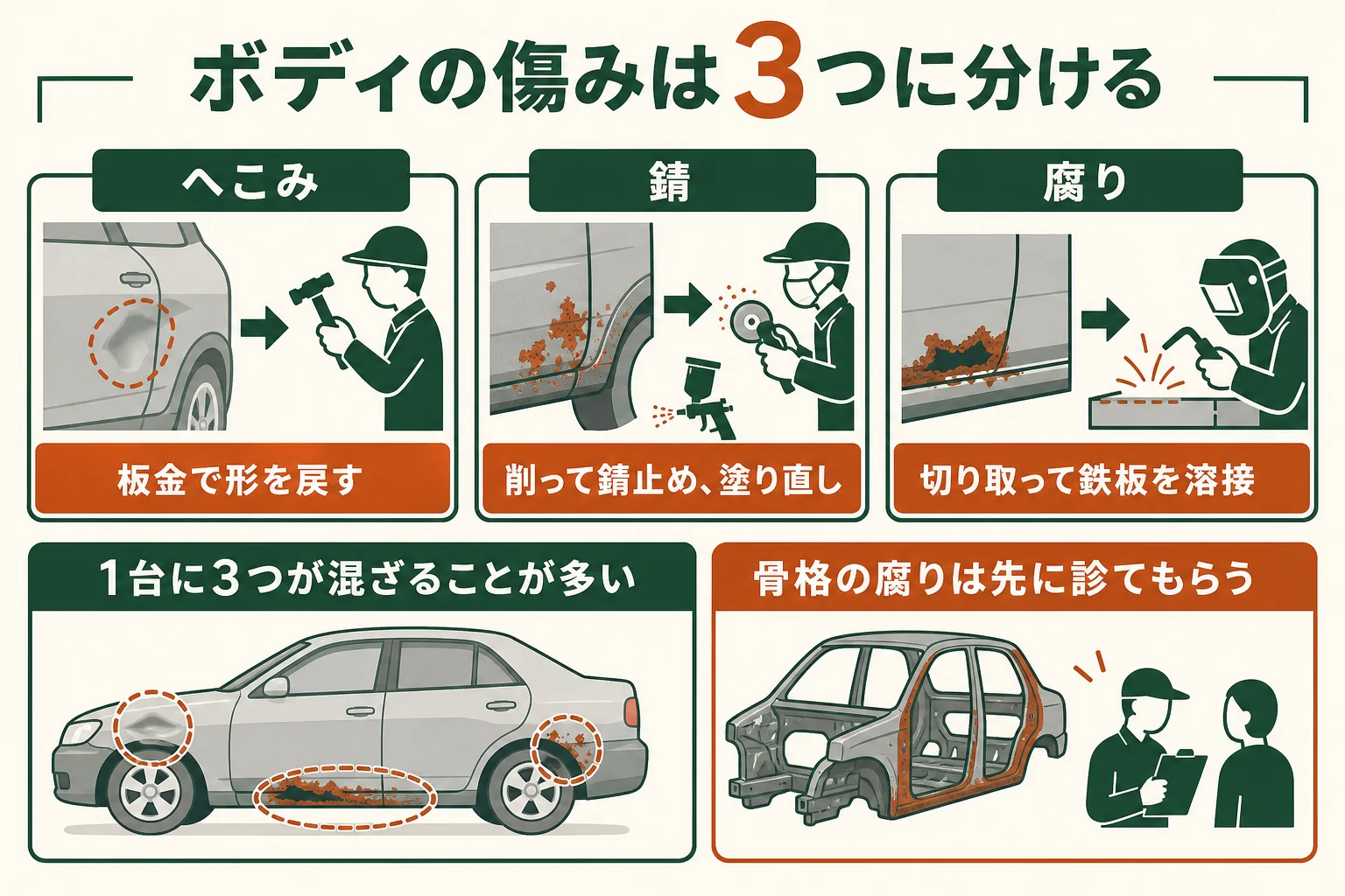 ボディの傷みをへこみ・錆・腐りの3つに分け、それぞれの直し方を並べた図解