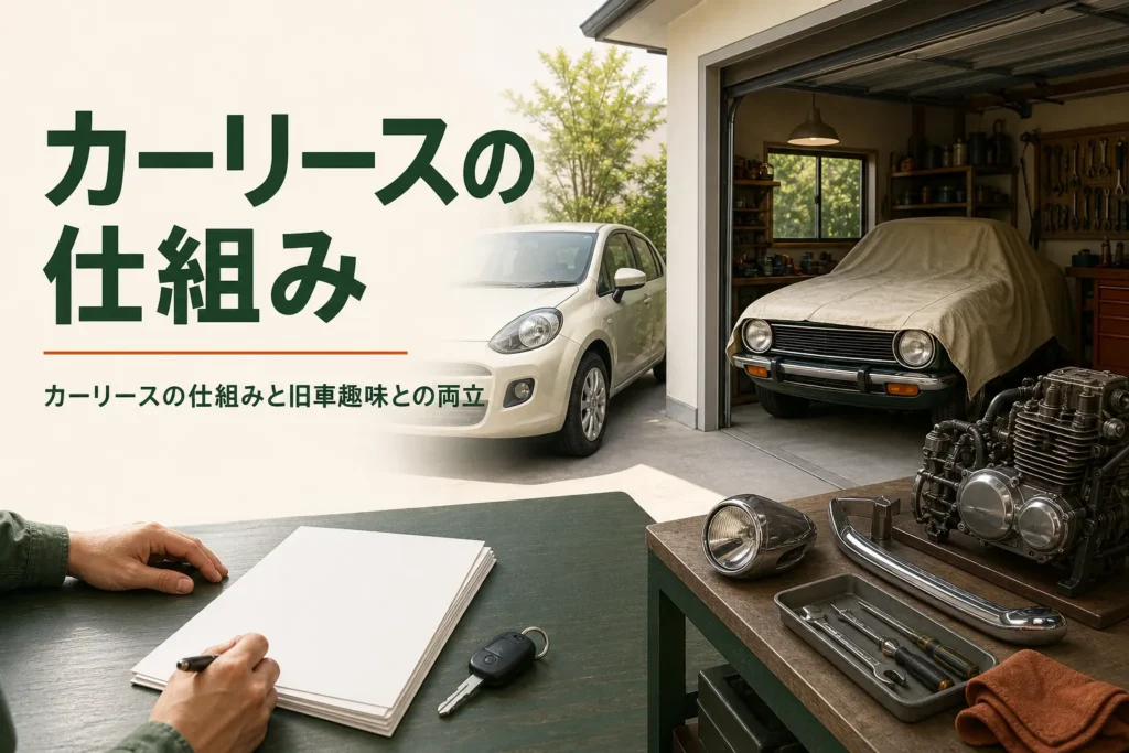 カーリースの仕組みと旧車趣味との両立を紹介する記事のアイキャッチ。ガレージの旧車と前に停まる新しい車