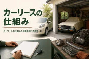カーリースの仕組みと旧車趣味との両立を紹介する記事のアイキャッチ。ガレージの旧車と前に停まる新しい車