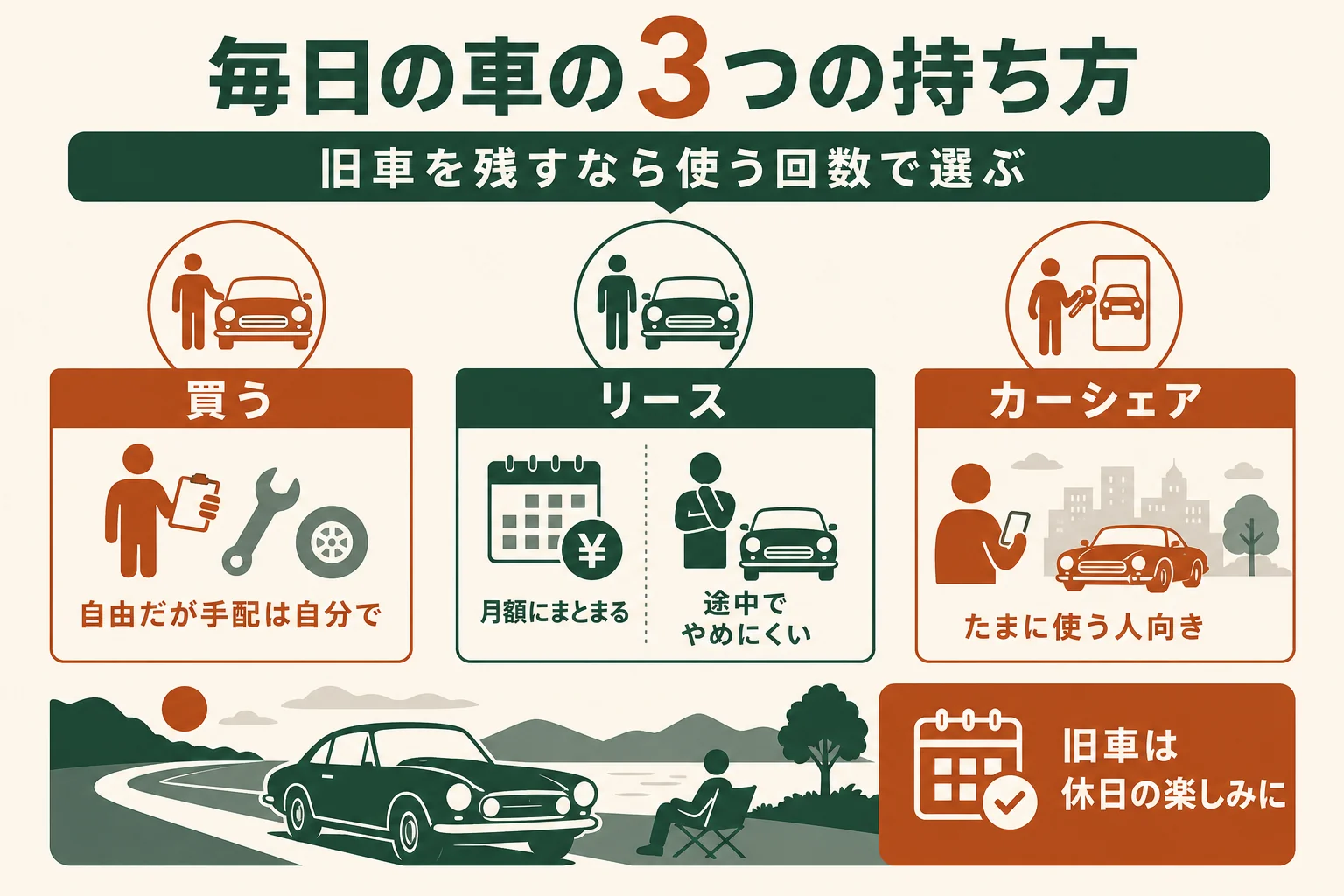旧車を持ち続ける人が、毎日の車を買う・カーリース・カーシェアの3つで比べる図解