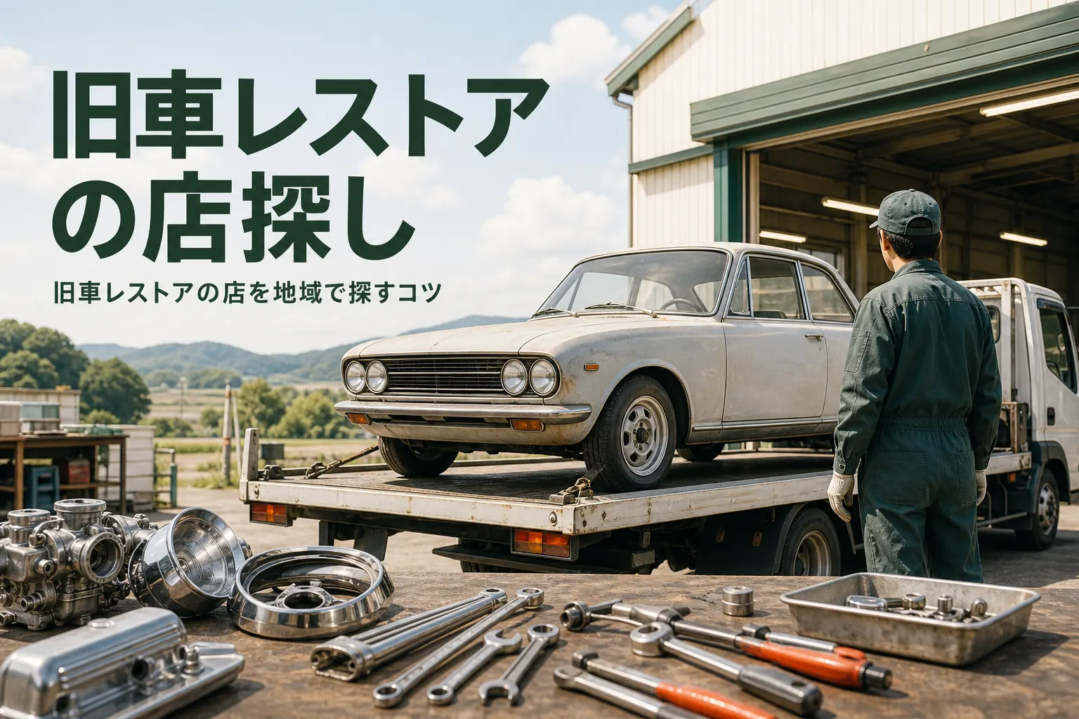 旧車レストアの店を地域で探す方法を紹介する記事のアイキャッチ。積載車に載せた古い小型セダンと地方の整備工場