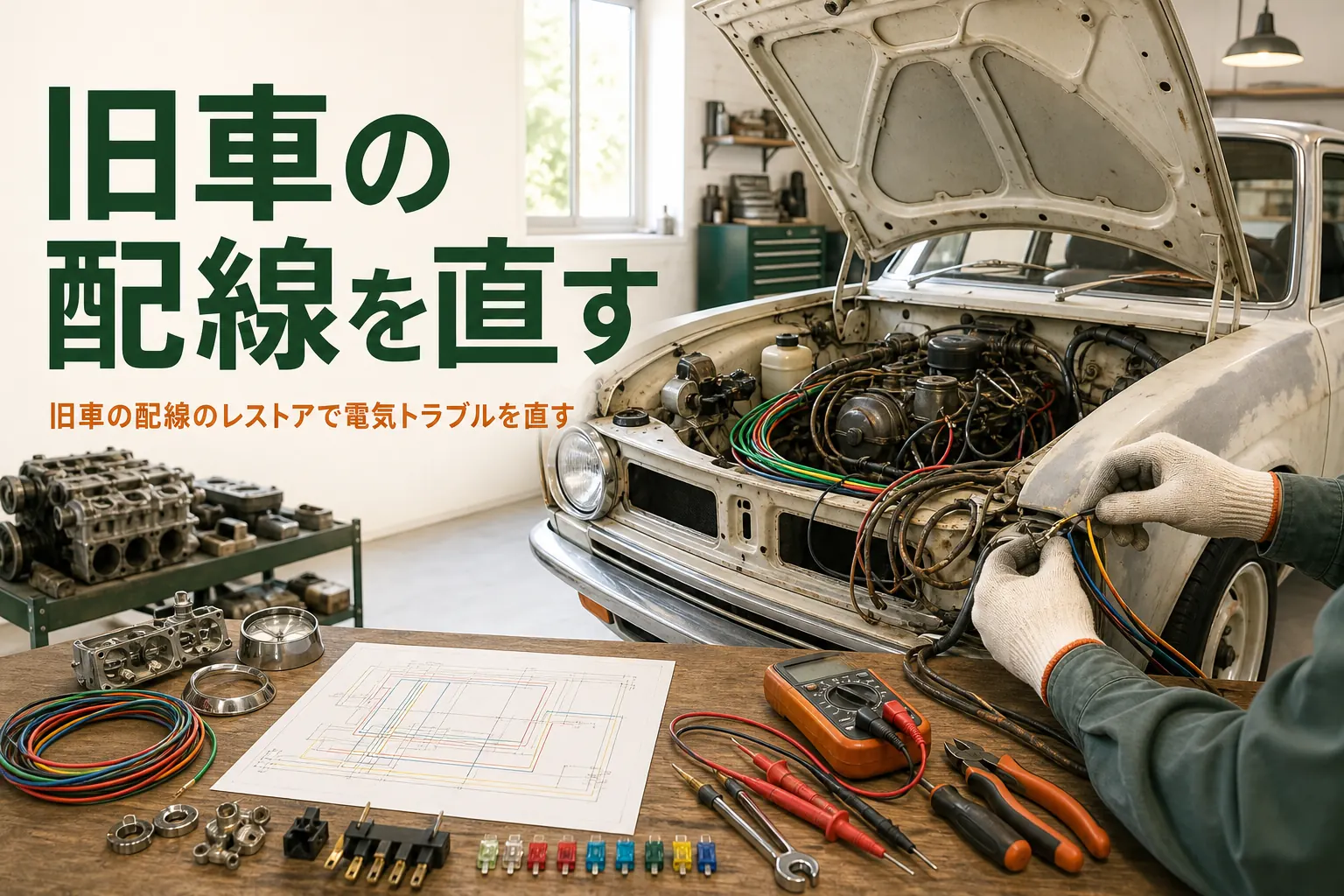 旧車の配線のレストアを紹介する記事のアイキャッチ。エンジンルームの配線と作業台に並んだ道具