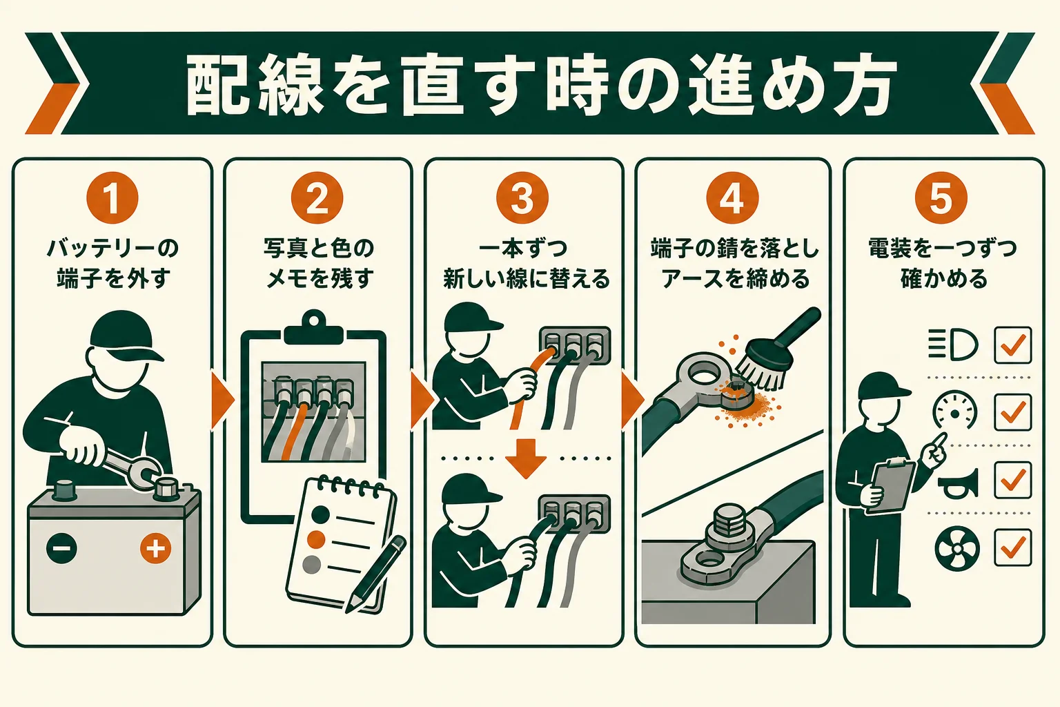 旧車の配線を直す時に、バッテリーを外してから一本ずつ記録して入れ替える流れを示した図解