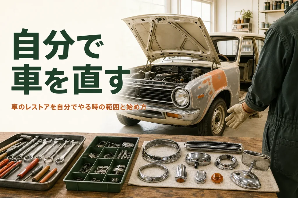 車のレストアを自分でやる方法を紹介する記事のアイキャッチ。ガレージで手を入れている古い乗用車