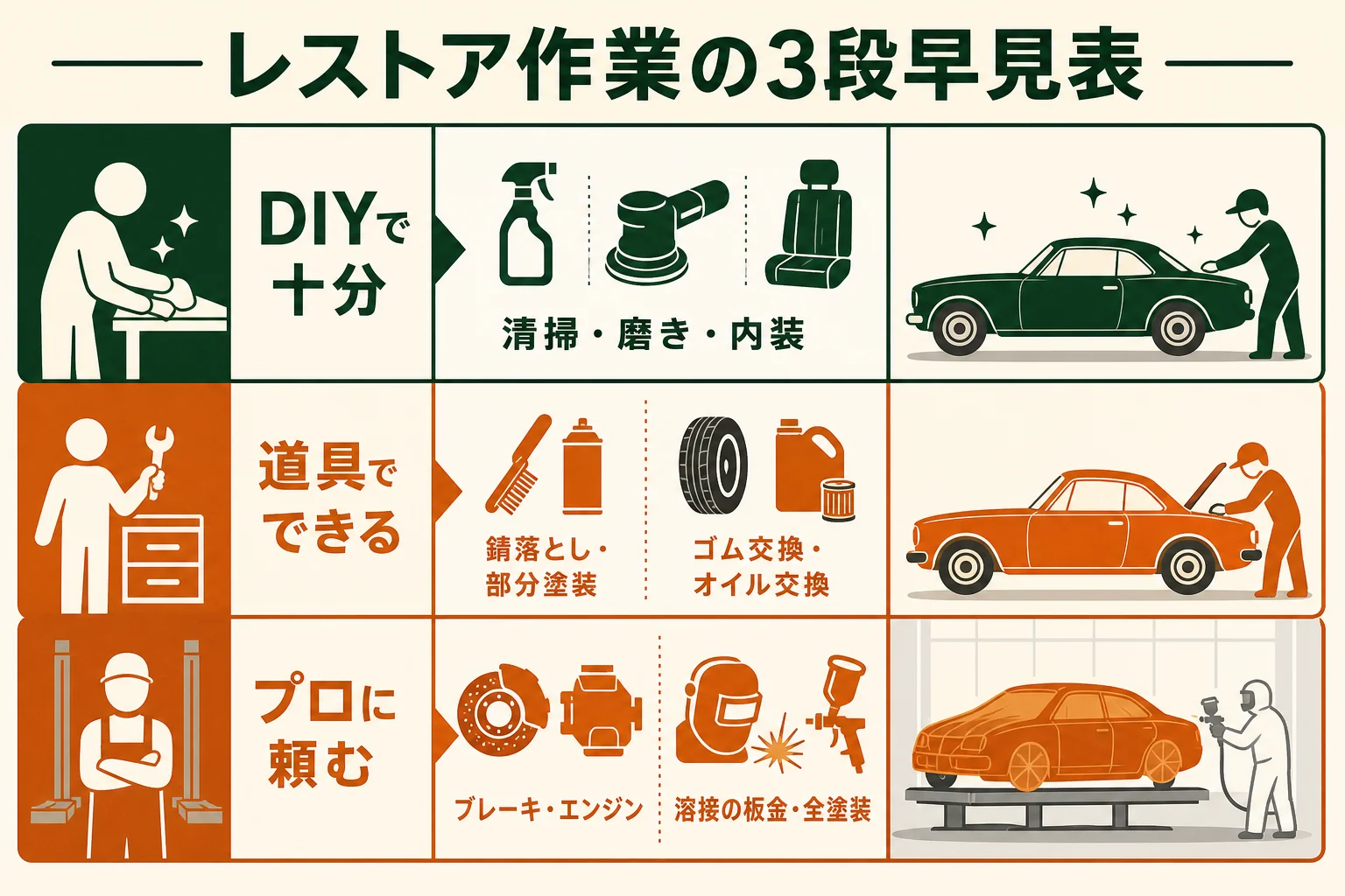 車のレストアの作業を、DIYで十分・道具をそろえればできる・プロに頼むの3段に分けた早見表の図解