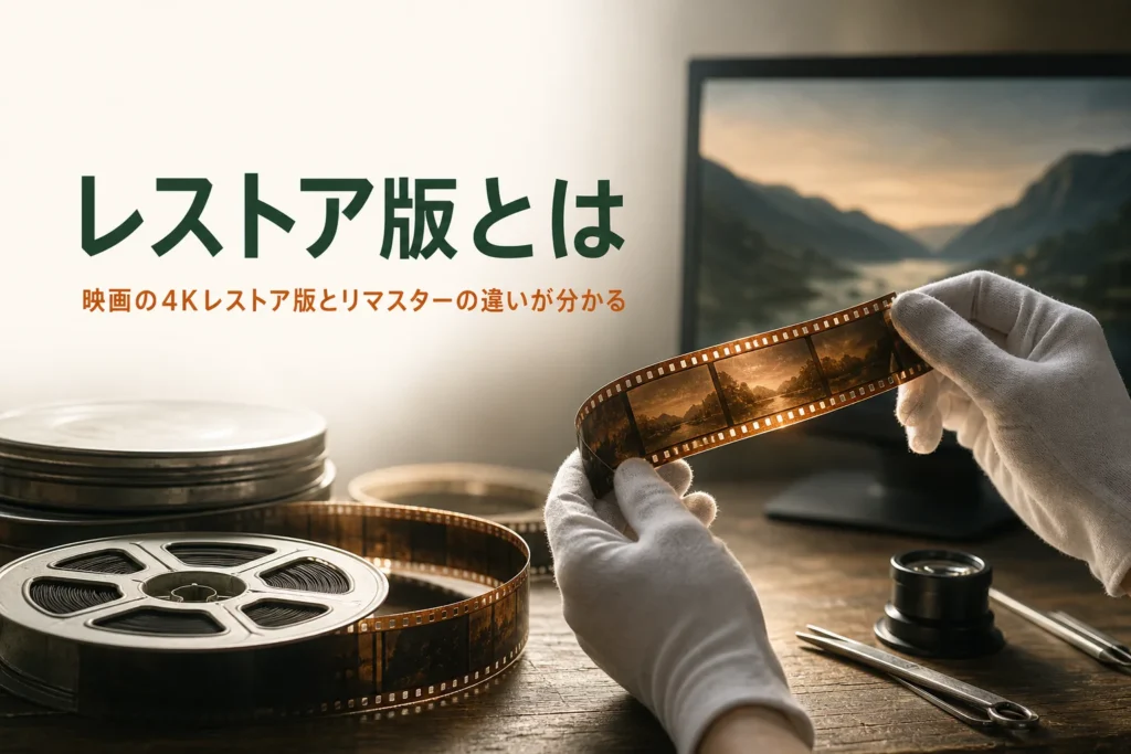 映画の4Kレストア版とリマスターの違いを紹介する記事のアイキャッチ。古いフィルムのリールと手袋をはめた手元