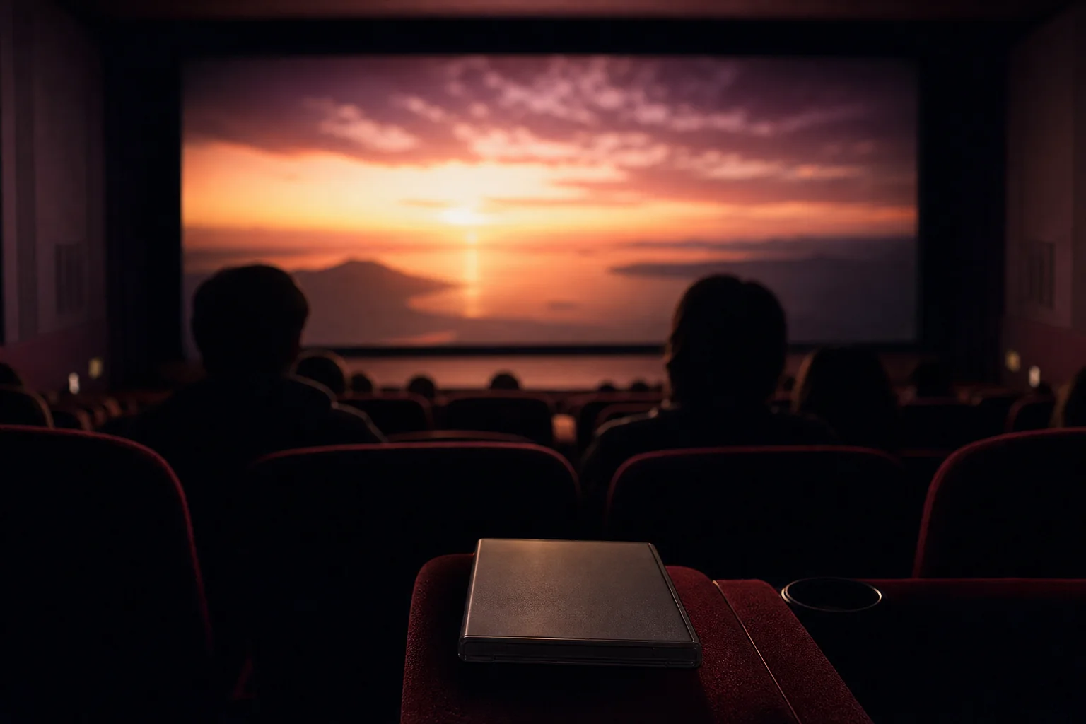 映画館の客席から見たスクリーンと、手元に置かれた映画のディスクのケースの写真。レストア版を劇場と家庭の両方で楽しむ様子