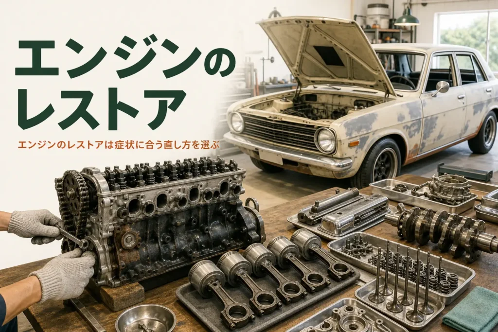 エンジンのレストアとオーバーホールの見極め方を紹介する記事のアイキャッチ。作業台で分解中の古いエンジン