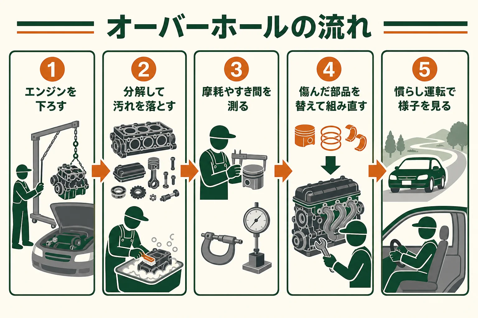 エンジンのオーバーホールを、下ろす所から慣らし運転までの順番で並べた図解