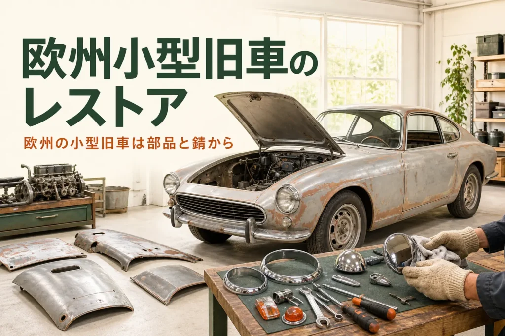ミニのレストアなど欧州の小型旧車のレストアを紹介する記事のアイキャッチ。ガレージの丸目の小さなクラシックカー