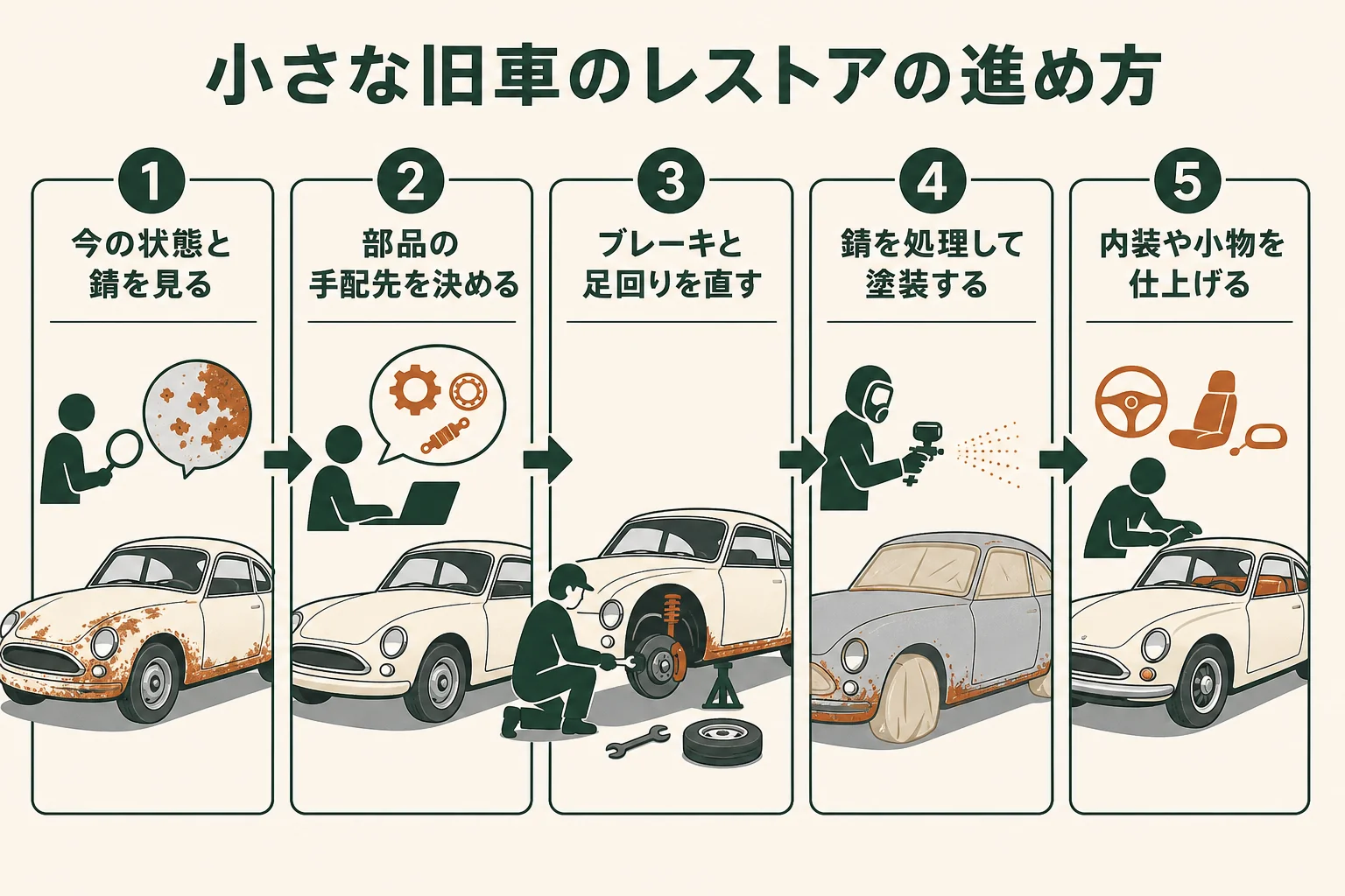 欧州の小型旧車のレストアを、状態を見る・部品を集める・安全に関わる所から直す・見た目を仕上げる順に進める流れの図解