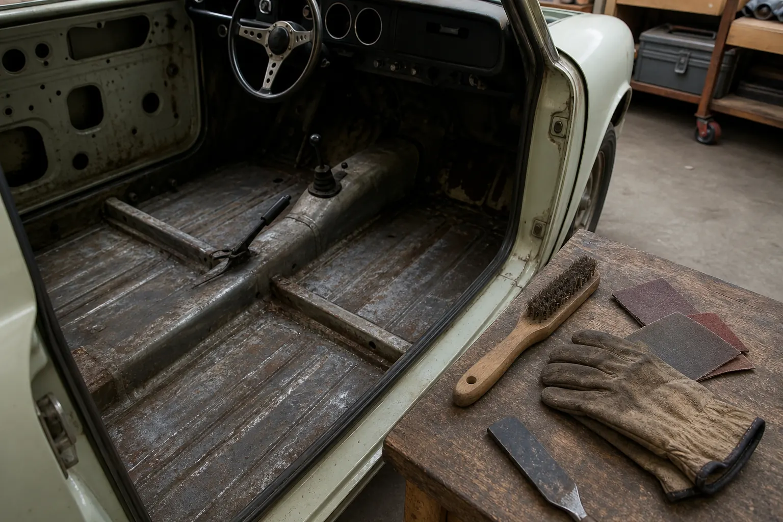 錆を落として地の鉄板が見えるようになった小さな旧車の床と、作業台に並べた工具