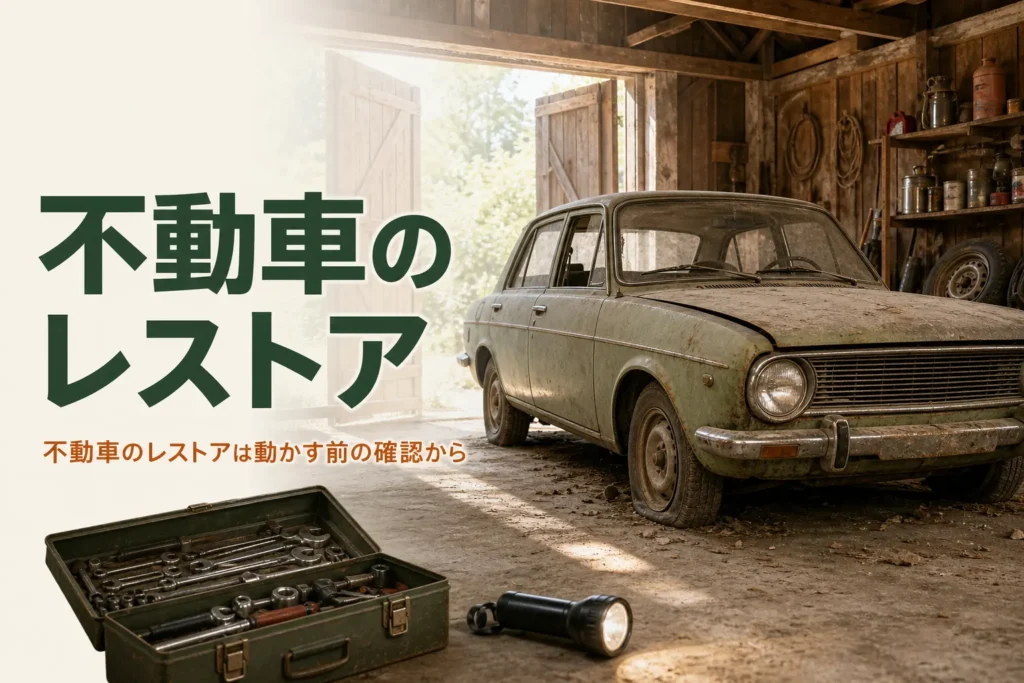 不動車のレストアを、動かす前の確認から紹介する記事のアイキャッチ。車庫で長く眠っていた古い車