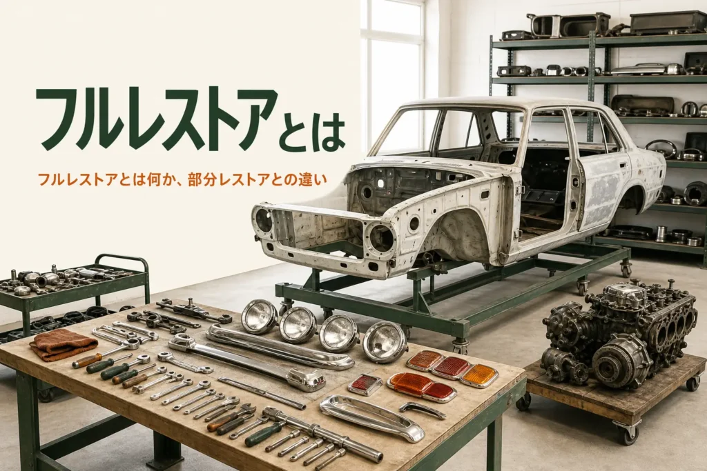 フルレストアとは何か、部分レストアとの違いと作業の範囲を紹介する記事のアイキャッチ。骨格だけになった古い車のボディ
