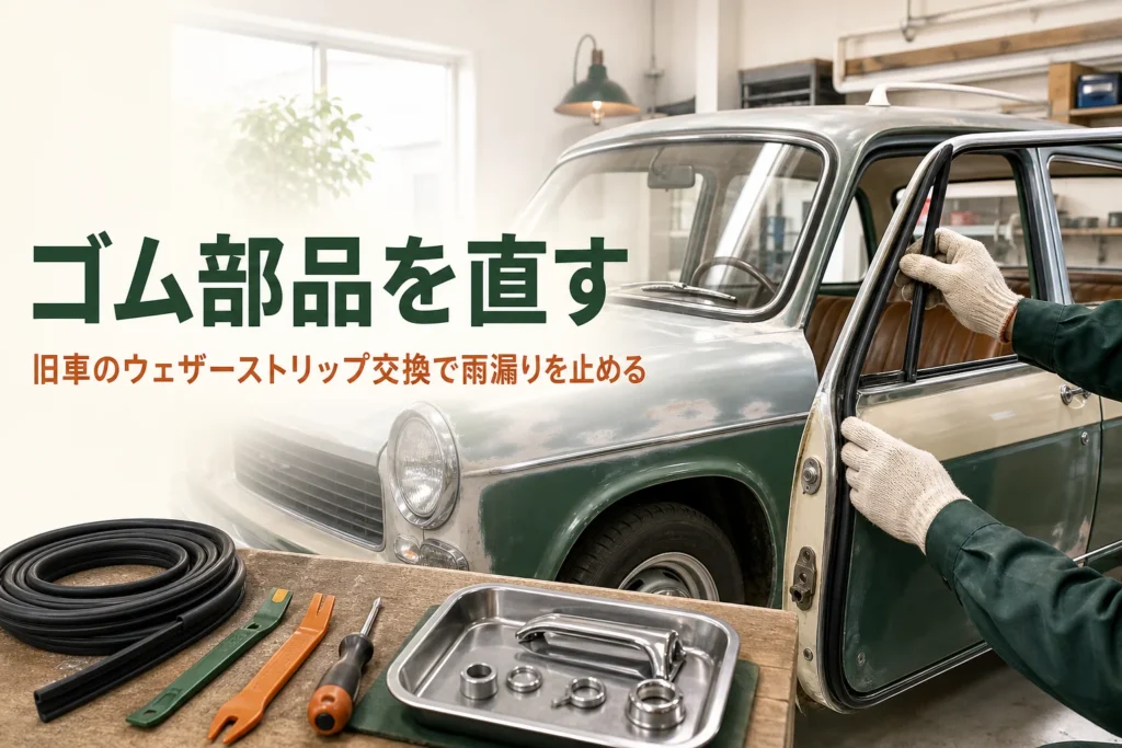 旧車のウェザーストリップ交換を紹介する記事のアイキャッチ。ドアの枠に新しいゴムを押し込む手元