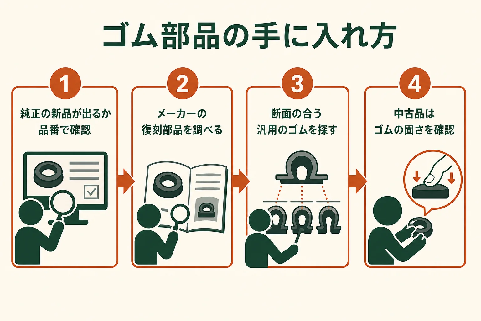 ウェザーストリップやモールの手に入れ方を、純正・復刻・汎用・中古の順に示した図解