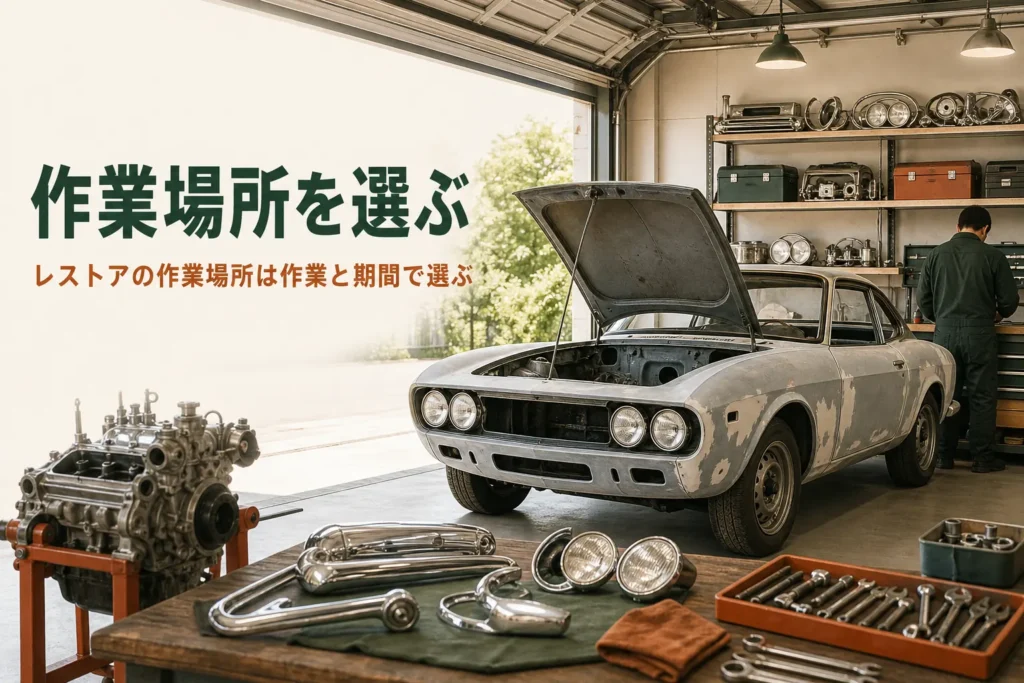 レストアの作業場所を紹介する記事のアイキャッチ。貸しガレージの中に置かれた古い乗用車