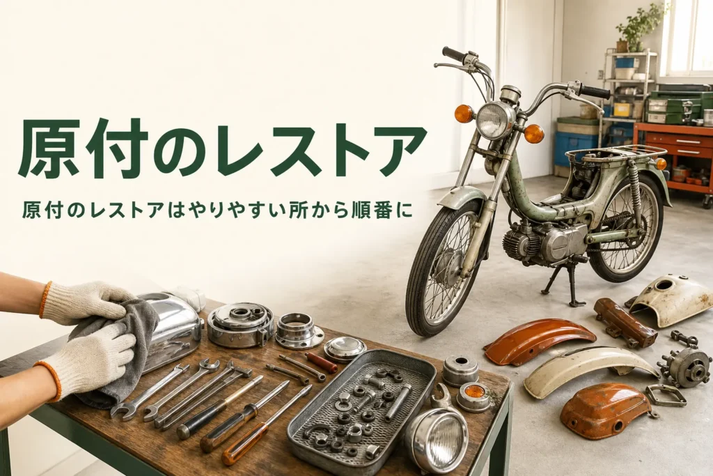 原付のレストアを紹介する記事のアイキャッチ。ガレージに置かれた古い小型バイクと工具