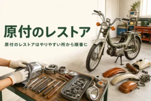 原付のレストアを紹介する記事のアイキャッチ。ガレージに置かれた古い小型バイクと工具